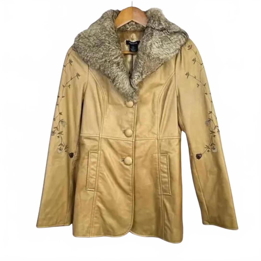 ARDEN B. Vintage Y2K Boho Tan Beige Penny Lane Leather Coat Fur Collar SIZE M